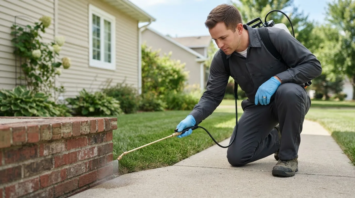 Pest control technician treating a home near Newmarket, NH